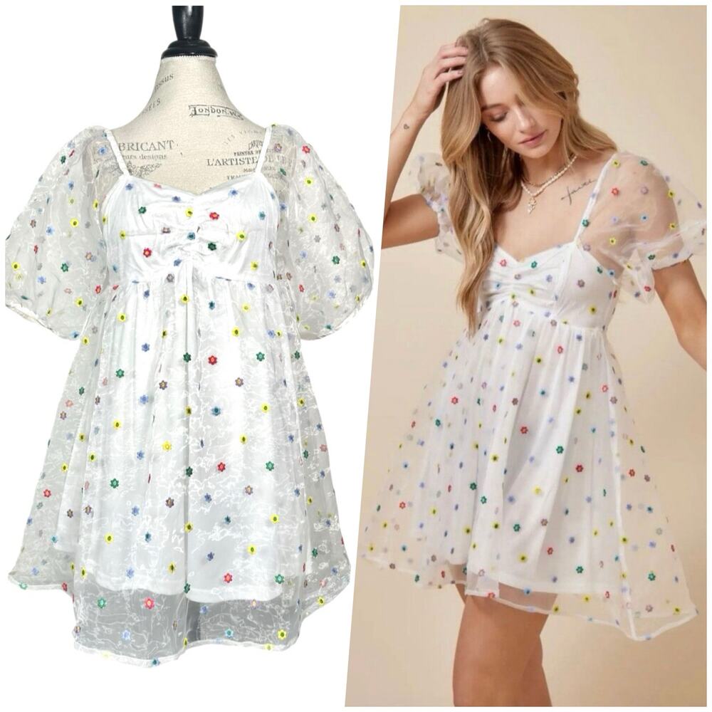 Altar’d State | Women | Macy Floral Embroidered Organza Puff Mini Dress | Large